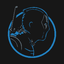 a silhouette of a man with a sword in a blue circle on a black background