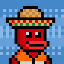 a pixel art of a red monkey wearing a sombrero on a blue background