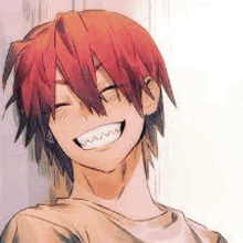 a man with red hair is smiling with his eyes closed and his mouth open .