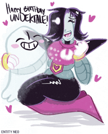 a drawing of a woman and a ghost with the words happy birthday undertale