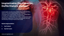 an advertisement for implantable cardioverter defibrillators market with a picture of a heart