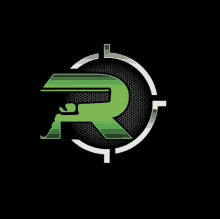 a green letter r is in a circle with a target on a black background .