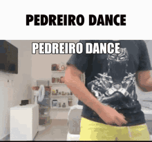 a man in a black shirt is dancing in a room with the words pedreiro dance written on the bottom