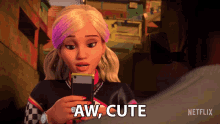 a cartoon girl holding a cell phone with aw cute written on the bottom