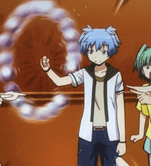 a boy with blue hair is pointing at something