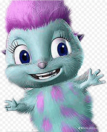 a cartoon character with blue eyes and purple hair