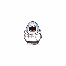 a cartoon shark is wearing a white hoodie and black shorts .