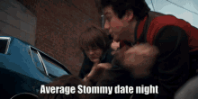 a group of people sitting in a car with the words average stommy date night