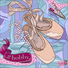 a drawing of a pair of pointe shoes with a banner that says #hobby