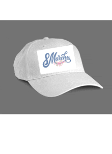 a white baseball cap with the words 8 march on it