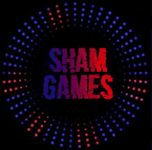 a logo for sham games is surrounded by blue and red dots