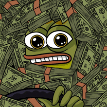 a cartoon of a frog surrounded by stacks of 100 dollars