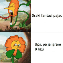 a cartoon of a flower with a tongue sticking out and the words draki fantazi pajac