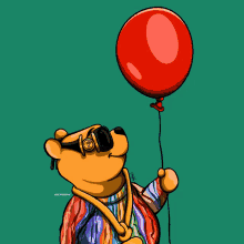 a cartoon of winnie the pooh holding a red balloon with the letters ec on it