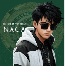 a man wearing sunglasses and a hoodie with the name naga