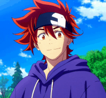 a boy with red hair is wearing a purple hoodie and a headband .