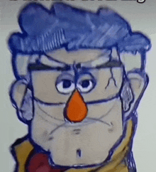 a drawing of a cartoon character with glasses and a red nose