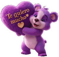 a purple teddy bear is holding a heart that says te quiero mucho