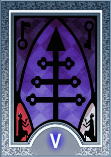 a stained glass tarot card with the letter v in the center