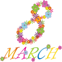 the number 8 is made of colorful flowers and the word march is below it