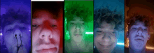 a collage of images of a man 's face with different colored lights behind him