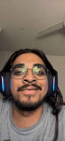 a man wearing glasses and headphones is making a funny face