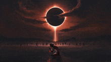 a painting of a person kneeling in front of a huge eclipse