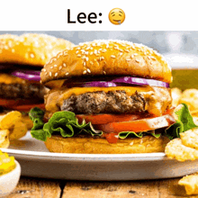 a hamburger with lettuce tomato and onions is on a plate with a smiley face and the word lee above it