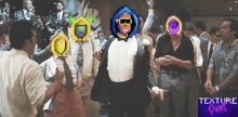 a man in a tuxedo is dancing in front of a group of people with texture punk written on the bottom right