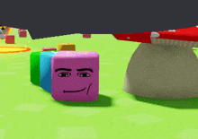 a purple cube with a face on it is standing next to a red mushroom