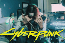 a poster for the video game cyberpunk 2077 with a person sitting in a chair