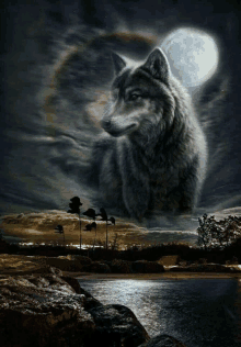 a painting of a wolf with the moon behind it