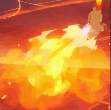 a cartoon character is standing in front of a large fireball .