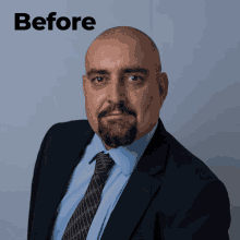 a man in a suit and tie stands in front of a blue background with the word before below him