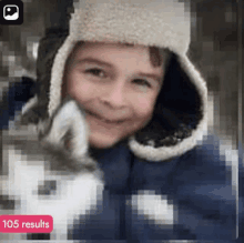 a blurred image of a child wearing a hat and a jacket with 105 results displayed below it