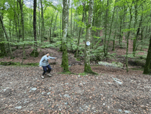 a man is standing in the middle of a forest near a tree with a white sign on it