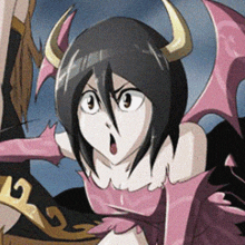 a drawing of a girl with horns and wings with a surprised expression