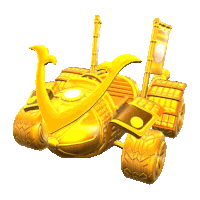 a golden vehicle with a samurai helmet on top