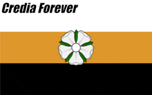 a white flower with green leaves is on a yellow and black background with the words " credia forever "