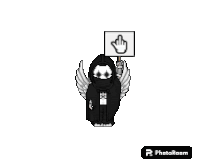 a pixel art of a grim reaper holding a sign with a hand pointing at it .