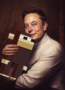 a man in a white turtleneck is holding a pixelated image of a monkey