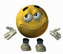 a cartoon smiley face with arms and legs is standing with its arms outstretched .