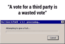 a computer screen shows a message that says " a vote for a third party is a wasted vote "