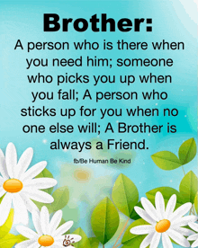 a poster that says brother a person who is there when you need him someone who picks you up when you fall a person who