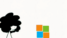 a cartoon character is standing next to a microsoft logo on a white background