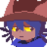 a pixel art drawing of a girl with blue hair and yellow eyes