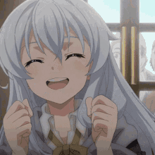 a girl with white hair is smiling and holding her fists up