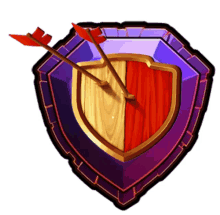 a purple and red shield with two red arrows coming out of it