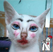 a white cat with blue eyes and pink lipstick on its face is looking at the camera .