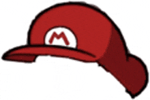 a red baseball cap with a white m logo on it .